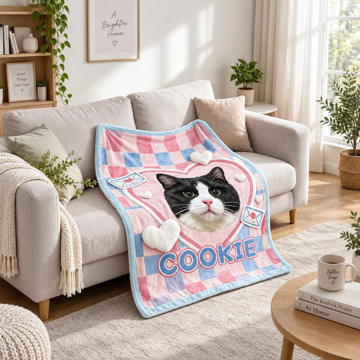 Cookie cat portrait flannel blanket draped over a light sofa beside a coffee table |

