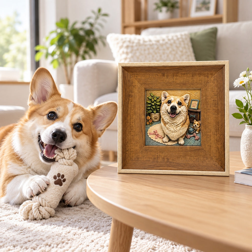 Corgi holding a rope toy beside a warm brown framed corgi relief portrait on a coffee table