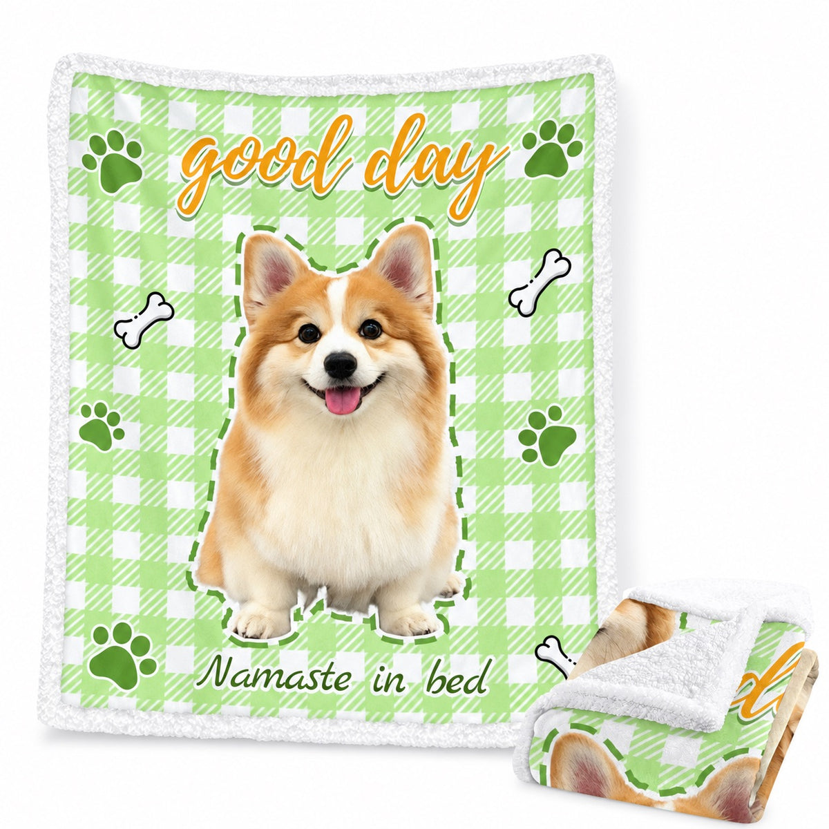 Green gingham sherpa blanket with a corgi portrait, paw prints and the words good day