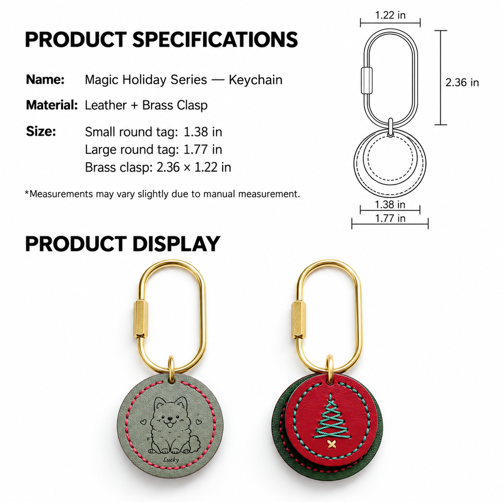 Size and material chart for small and large cowhide Christmas dog tags with brass screw-lock clasps
