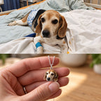 A Beagle dog lying on a bed shown above a hand holding a custom hand-painted 3D Beagle head portrait pendant on a silver chain necklace.