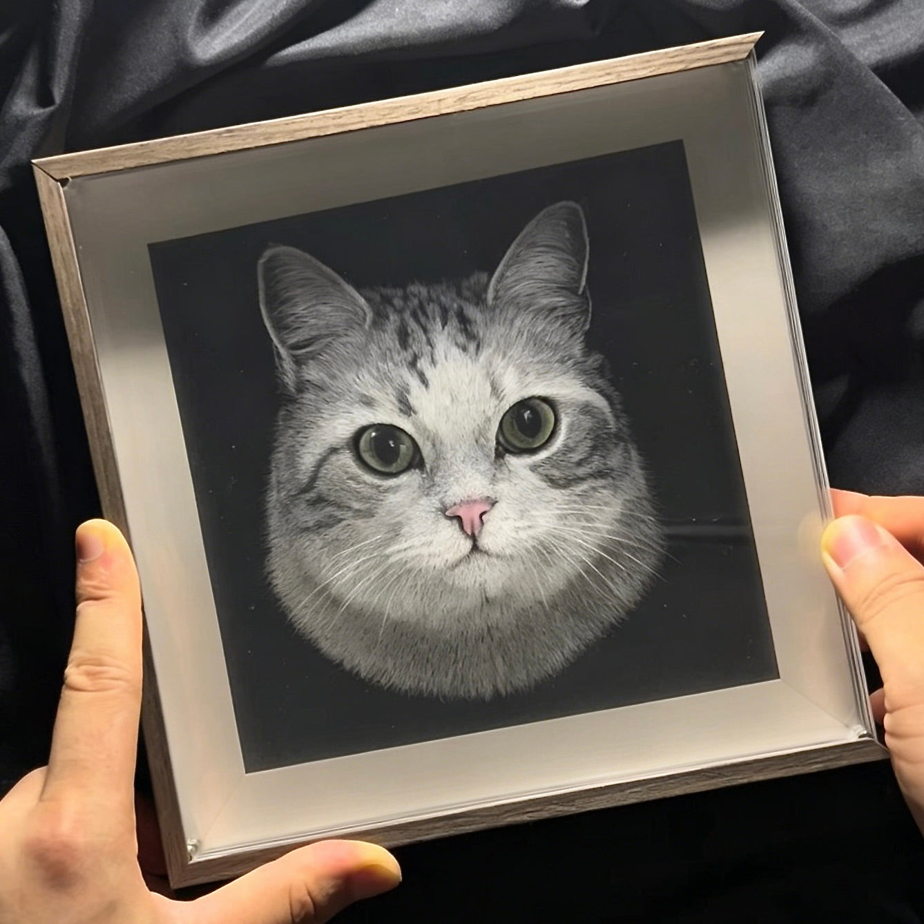 Custom 3D cat portrait hand-engraved on clear acrylic in a wooden frame, a luxury pet memorial keepsake by Memopaw.