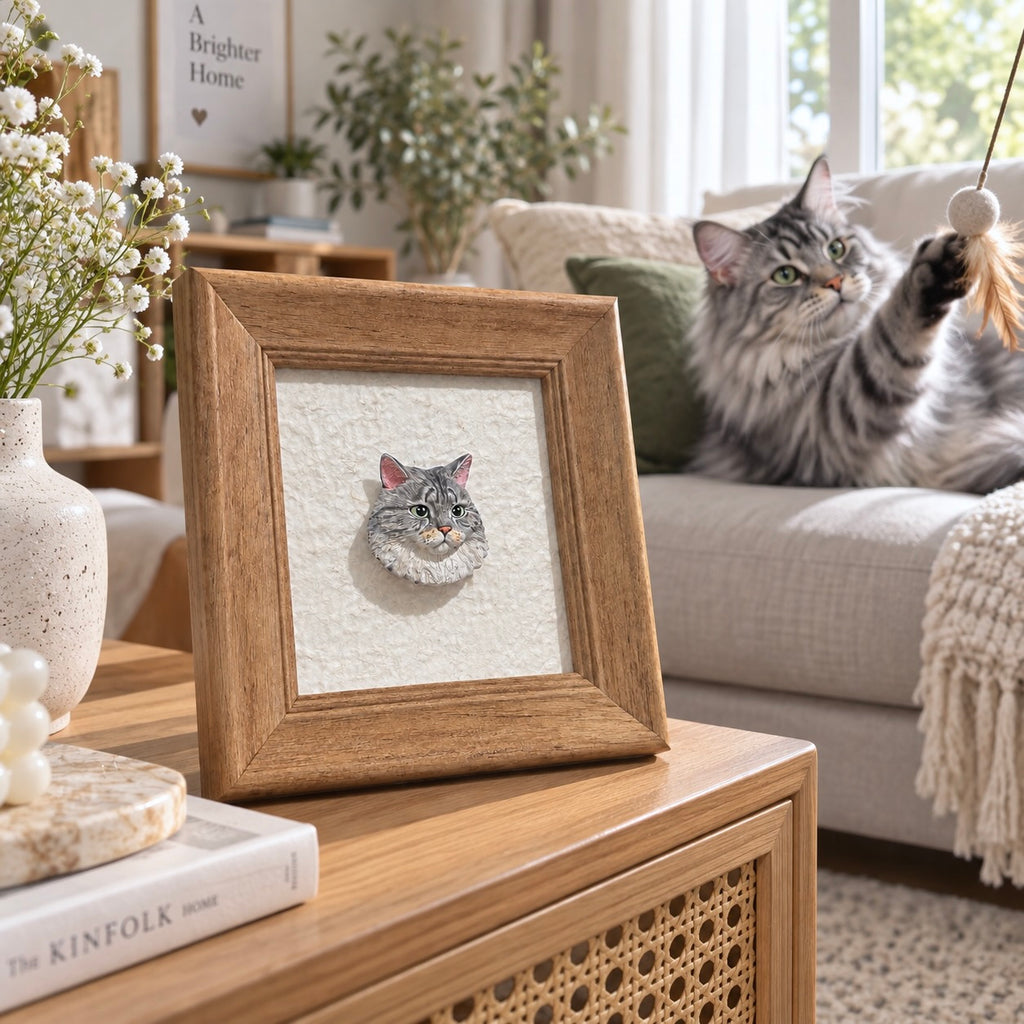 Custom 3D resin grey tabby cat head portrait in a brown wooden frame on a side table, with the real grey tabby cat playing in the background living room.