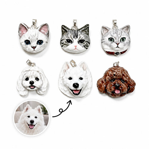 Hand-sculpted 3D clay pet portrait pendants showing custom cat and dog pendants crafted directly from real pet photos.