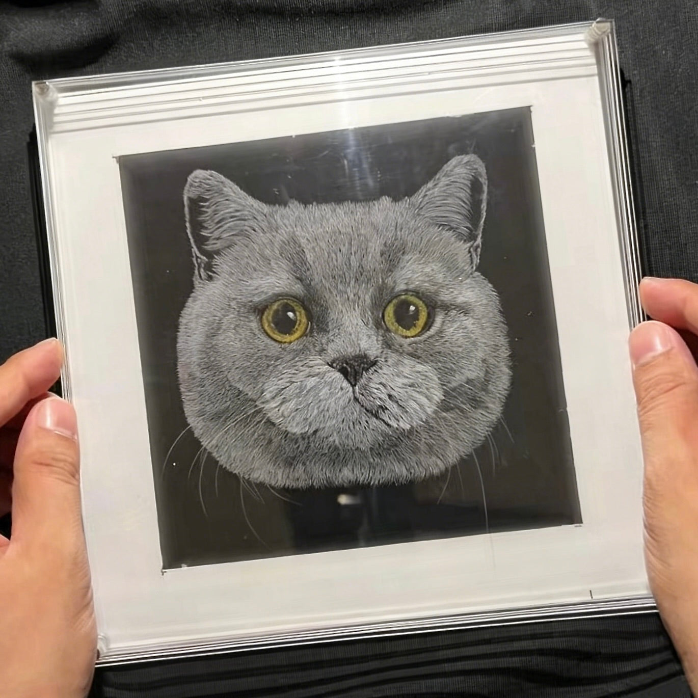 Custom 3D dog portrait with a blue collar hand-engraved on clear acrylic, a personalized luxury pet loss sympathy gift by Memopaw.
