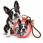 Personalized hand-carved 3D leather dog portrait keychain and bag charm featuring a Boston Terrier with real pet photo comparison.