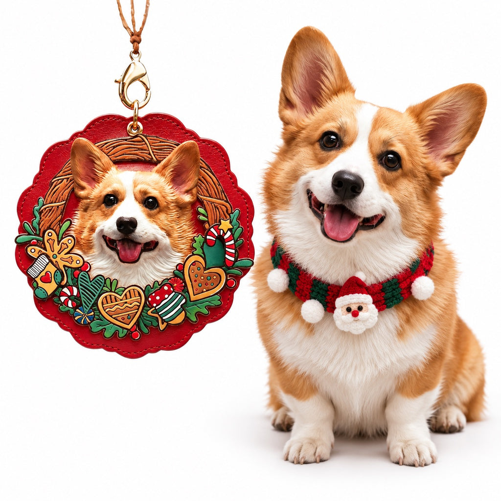 Personalized Corgi photo handcrafted 3D leather pet portrait holiday ornament and keychain beside real dog comparison.