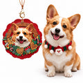 Personalized Corgi photo handcrafted 3D leather pet portrait holiday ornament and keychain beside real dog comparison.