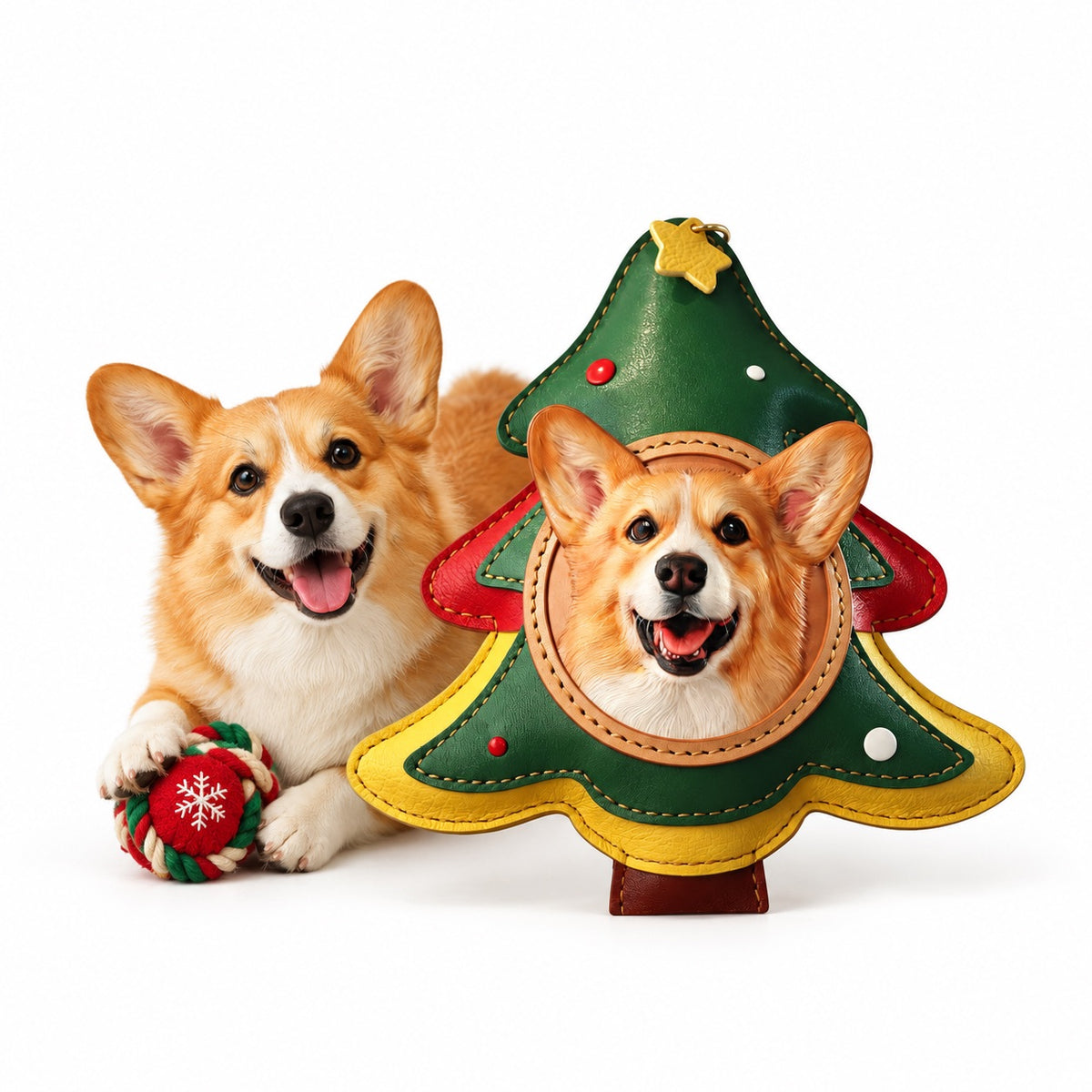 Personalized Corgi photo handcrafted 3D leather Christmas tree keychain and ornament shown beside real dog comparison.