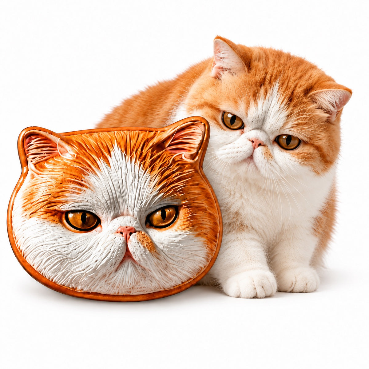 Personalized hand-carved leather cat face brooch and lapel pin shown alongside real cat photo comparison.