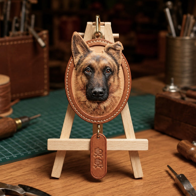 Custom 3D leather German Shepherd pet portrait keychain featuring a detailed hand-carved and hand-painted dog relief in a stitched oval frame with a personalized hanging name tag.