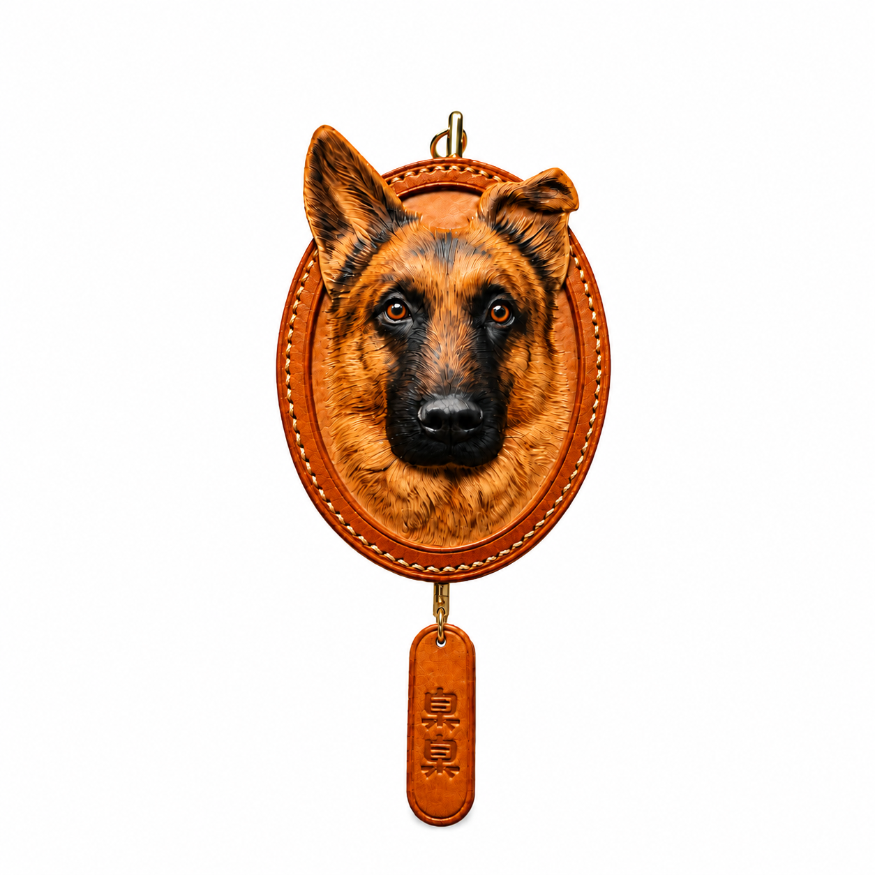 Custom 3D leather pet portrait keychain featuring a detailed hand-carved and hand-painted German Shepherd relief design in an oval stitched leather frame with a personalized hanging name tag.