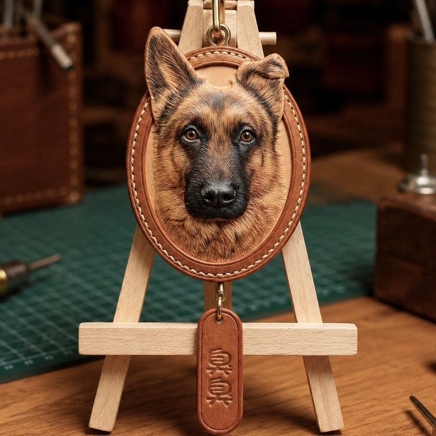 A custom 3D leather pet portrait keychain featuring a highly detailed hand-carved and hand-painted German Shepherd relief design, displayed on a wooden easel with a personalized dangling leather name tag.