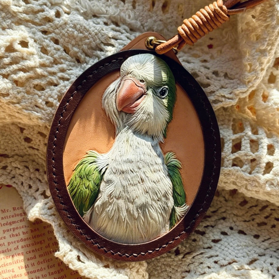 Hand-carved lovebird parrot leather portrait charm