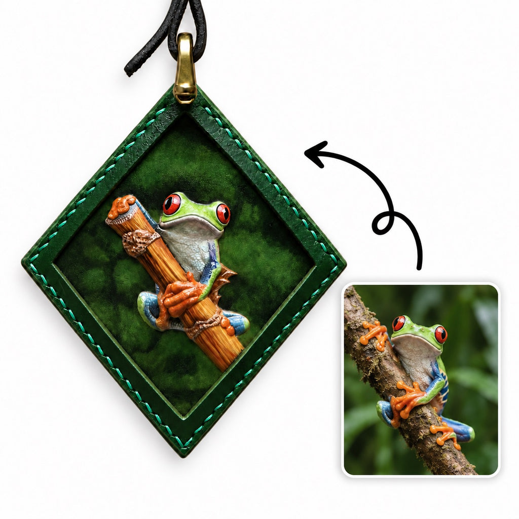 Get a personalized hand-carved leather pet portrait keychain from your photo! Perfect bespoke 3D reptile, frog, or exotic pet memorial gift and luxury bag charm.