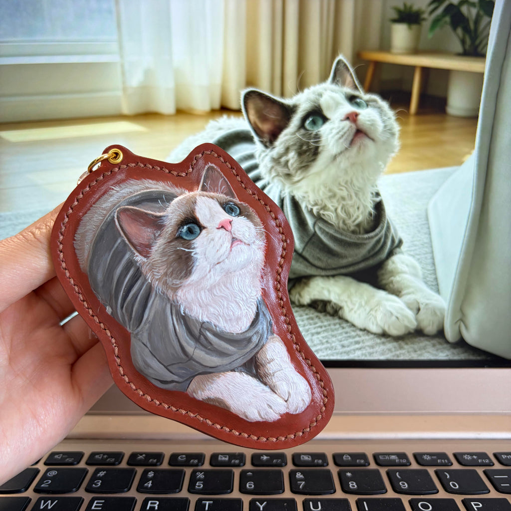 Luxury handcrafted dog and cat bag charm from photo featuring a detailed 3D hand-carved Ragdoll cat relief design