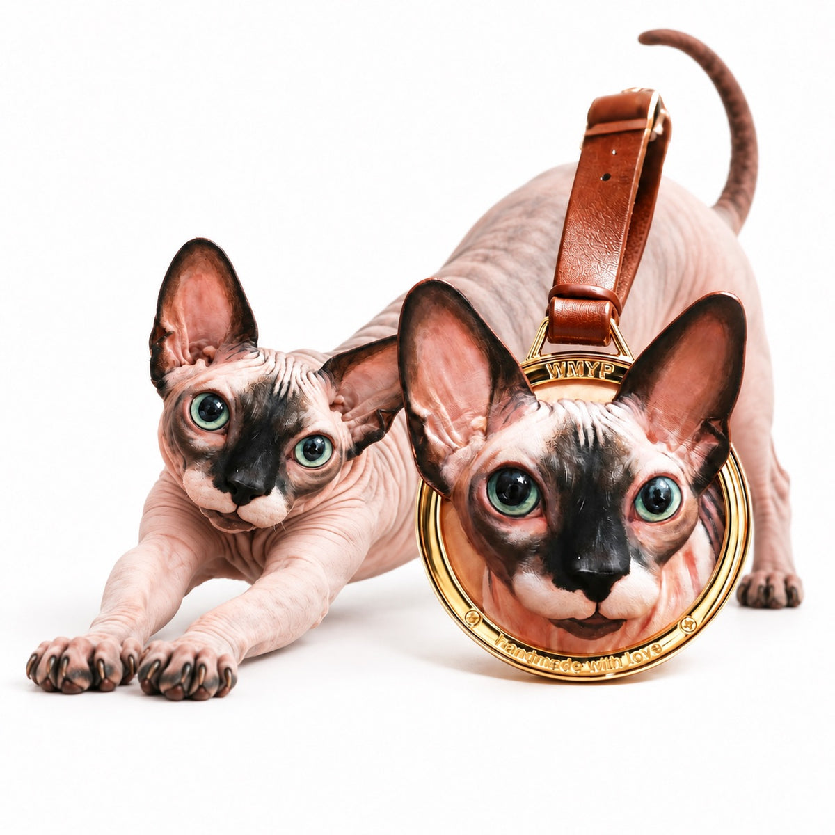 A professional comparison photograph showing a live Sphynx cat on the left, next to a detailed handcrafted 3D leather portrait ornament of the same cat on the right.