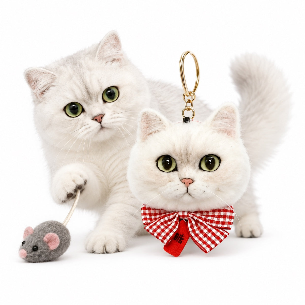 Personalized handmade wool felt cat portrait keychain charm and bag ornament shown beside real cat comparison.
