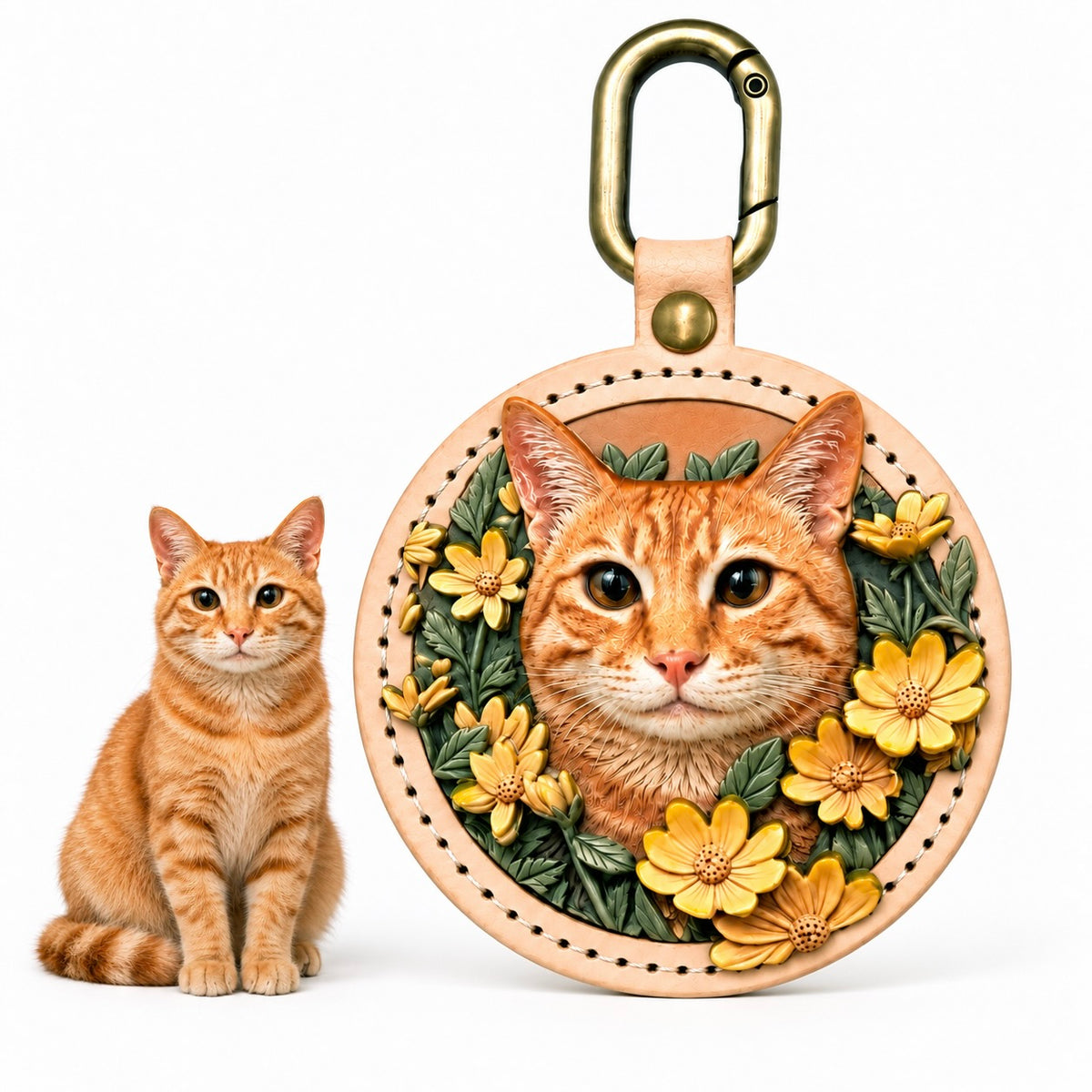 Custom round 3D leather relief pet portrait keychain of an orange tabby cat framed by yellow flowers, displayed next to the real cat.