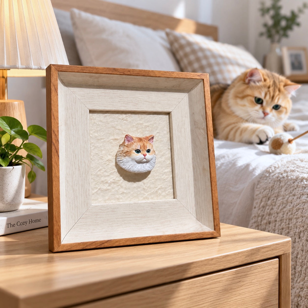 Personalized 3D sculpted cat portrait photo frame display on a nightstand alongside real orange tabby cat comparison in a cozy home setting.