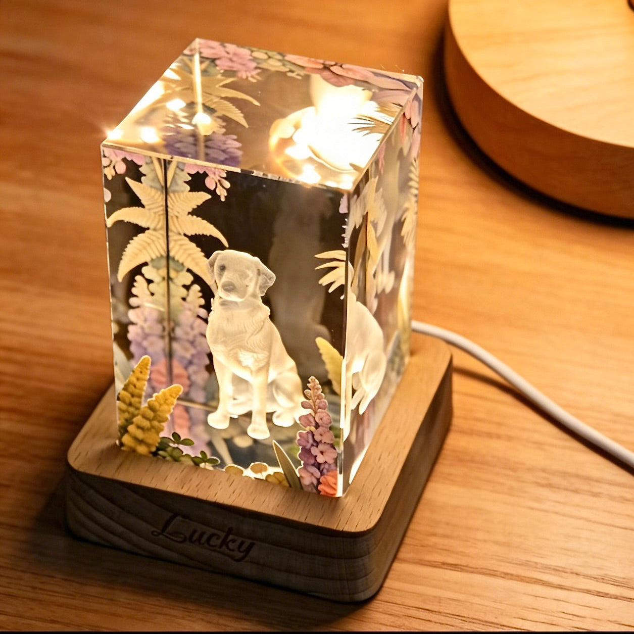 An illuminated custom 3d pet photo light box with a multi-layered dog portrait on a wooden base engraved with the name Lucky, acting as a personalized dog memorial lamp.