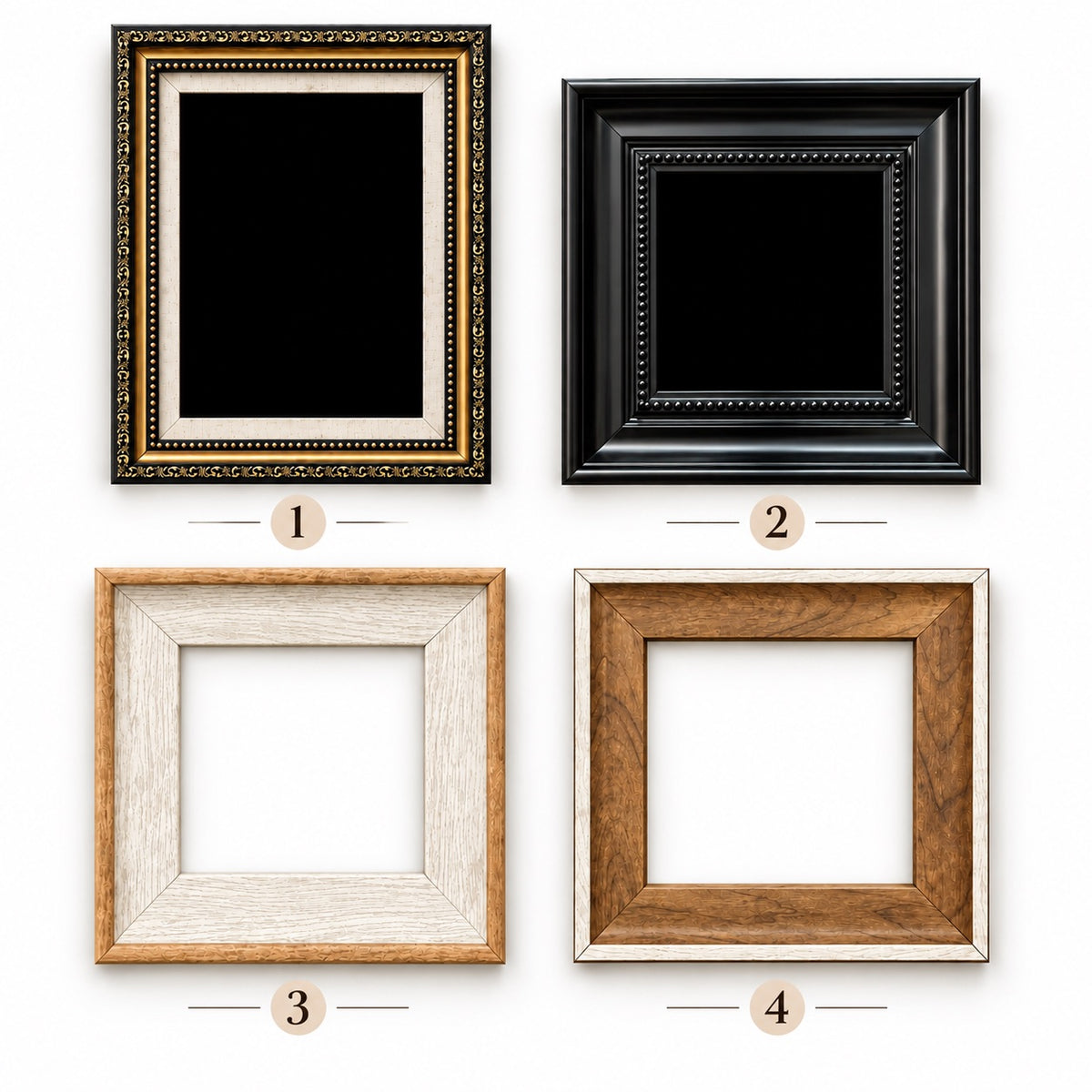 Four numbered frame styles: ornate black and gold, black square, light with brown trim, and brown with light trim
