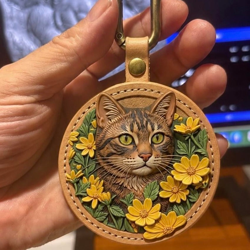 Handcrafted 3D pet portrait leather keychain custom-made from photo, showcasing a detailed raised relief of a striped tabby cat framed by floral elements. A perfect personalized cat mom gift and durable everyday accessory.