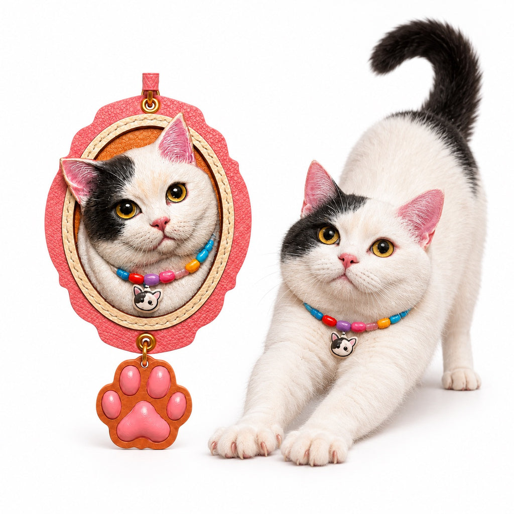 Personalized pink scalloped 3D leather pet portrait keychain and bag charm shown alongside real cat photo comparison.