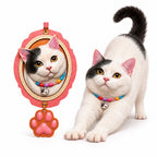 Personalized pink scalloped 3D leather pet portrait keychain and bag charm shown alongside real cat photo comparison.