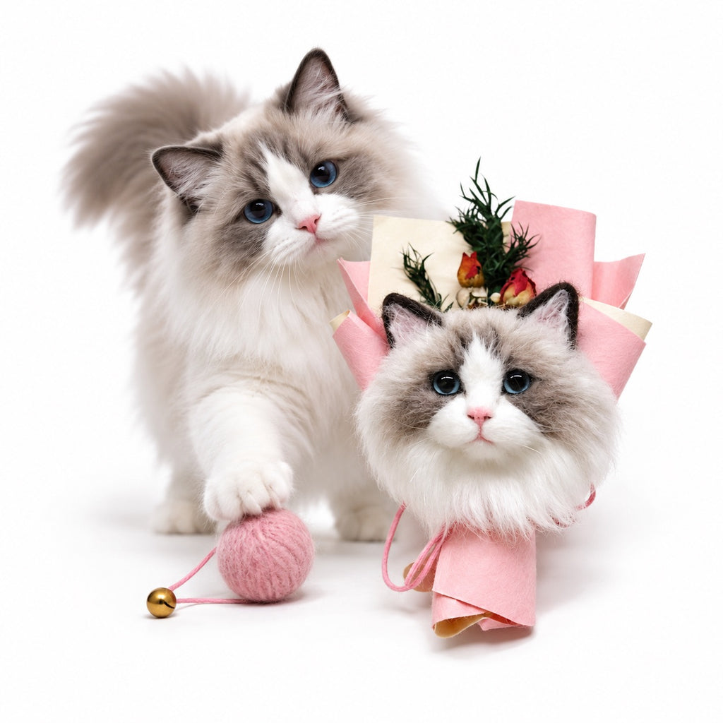 Personalized pet wool felt cat portrait wedding bouquet charm and flower boutonniere shown with real Ragdoll cat photo comparison.
