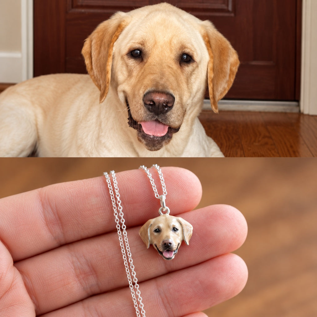 A yellow Labrador Retriever photo shown above a hand holding a custom hand-painted 3D Labrador head portrait pendant on a silver chain necklace.