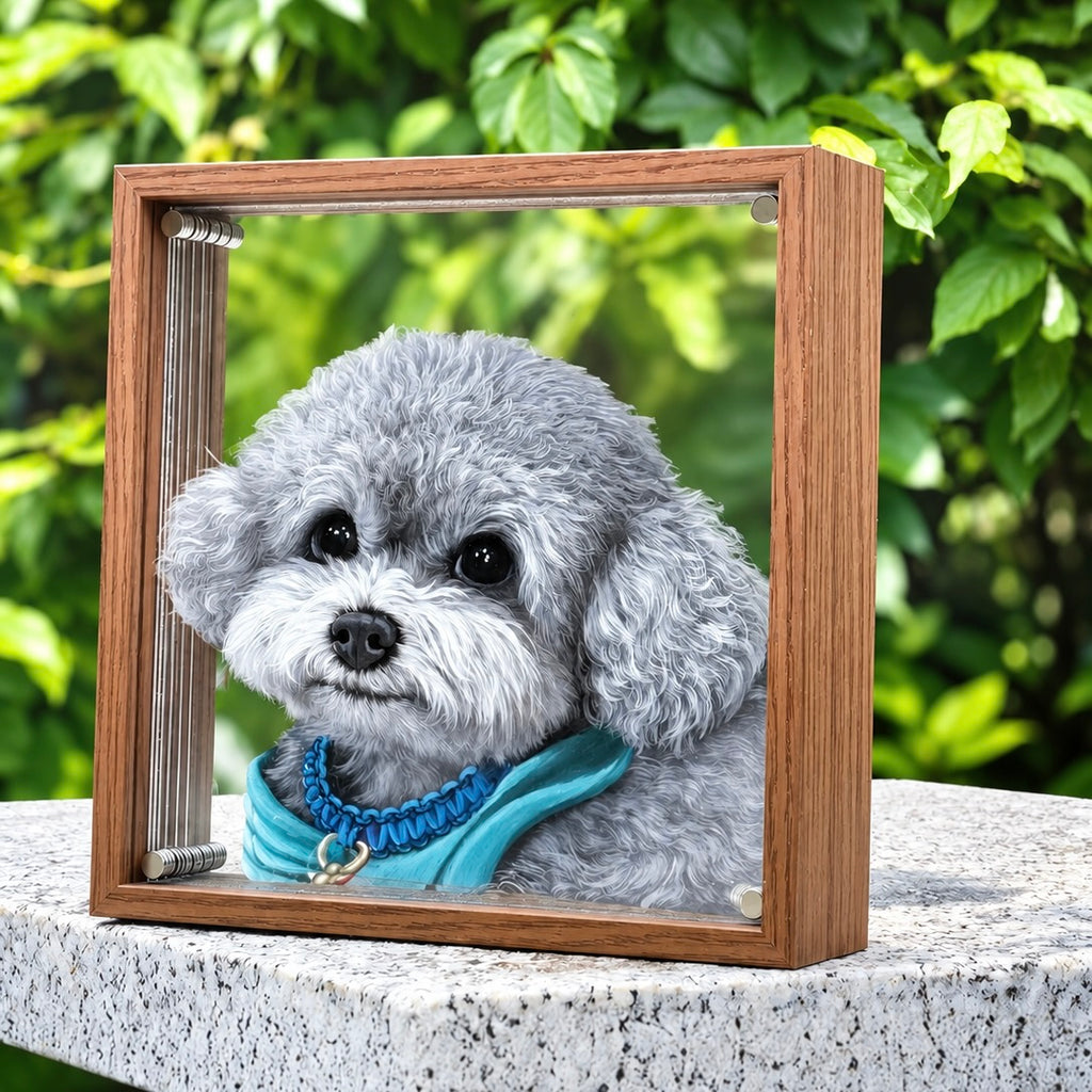 Custom 5-layer 3D pet acrylic desk display featuring a grey dog portrait in a wooden frame, highlighting layered artisan craftsmanship.