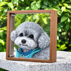 Custom 5-layer 3D pet acrylic desk display featuring a grey dog portrait in a wooden frame, highlighting layered artisan craftsmanship.