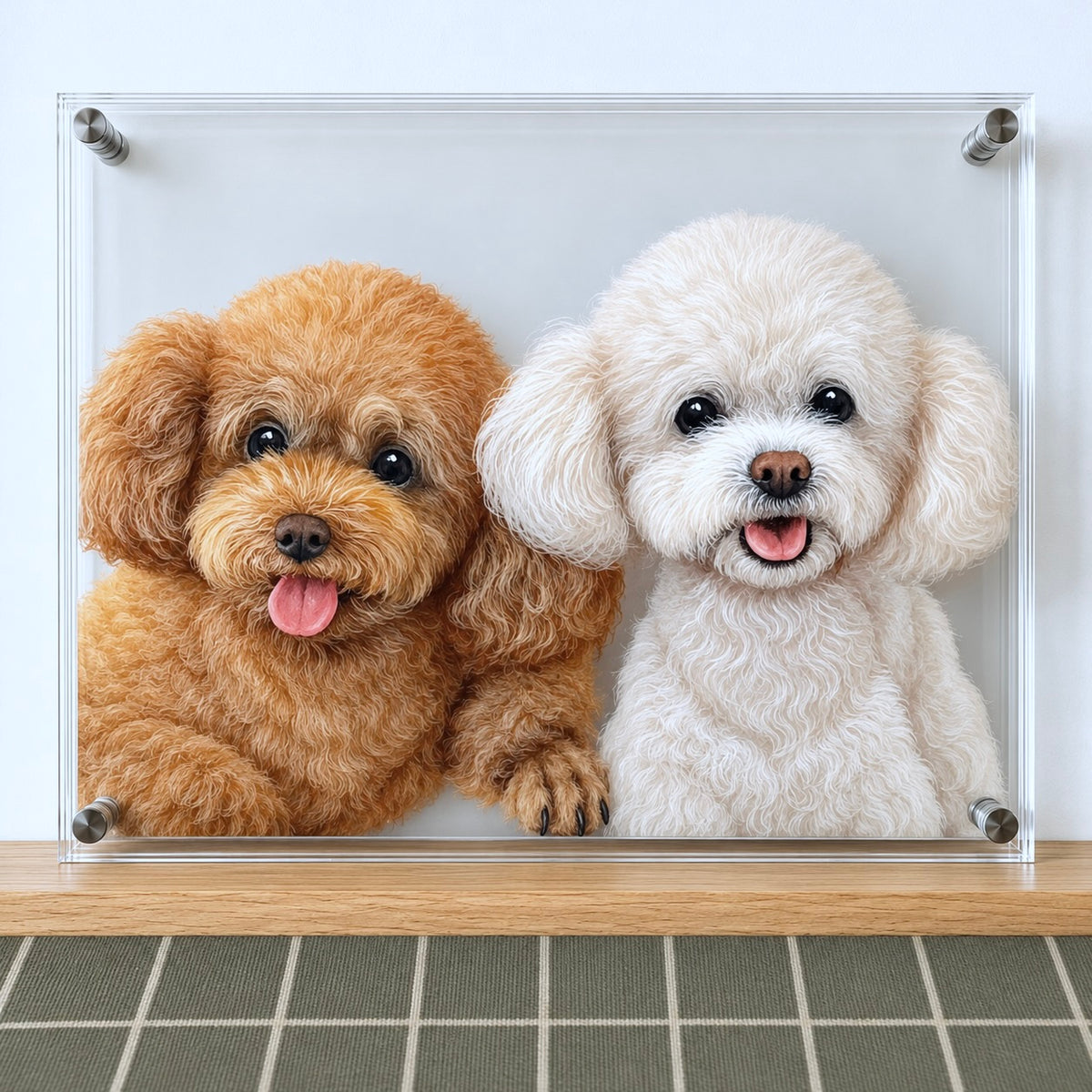 Custom 5-layer 3D pet acrylic desk display featuring two dogs, a brown poodle and a white poodle, framed in clear acrylic.