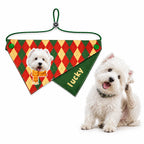 Personalized dog photo bandana with argyle pattern and custom name Lucky beside a white dog.