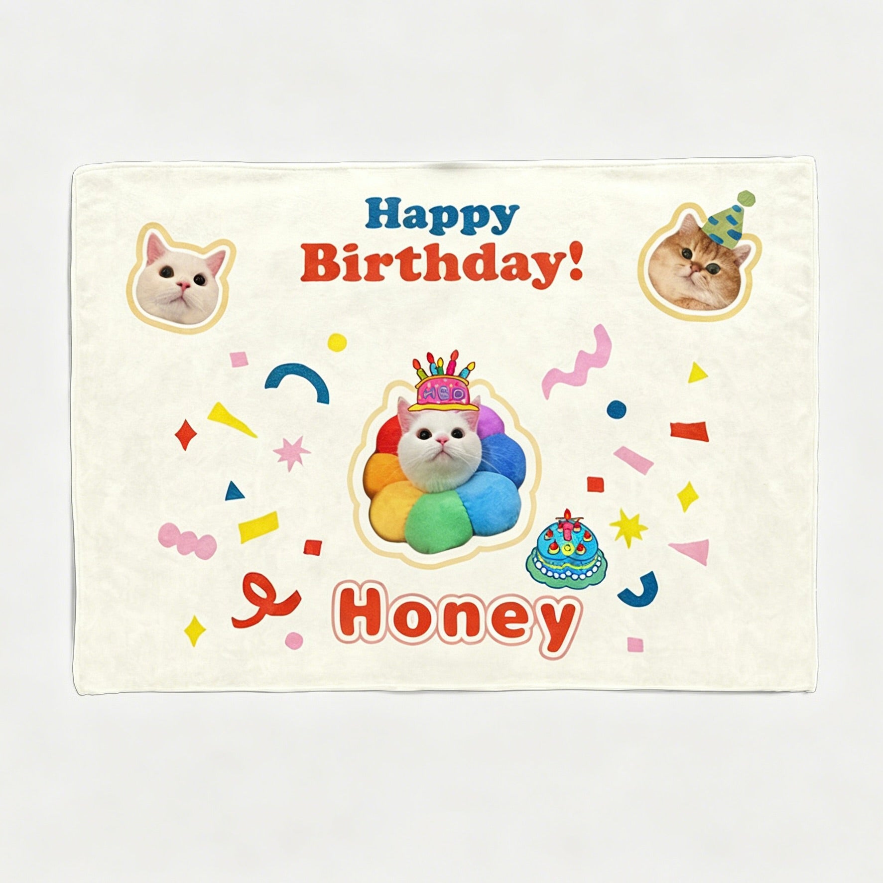 A cream custom cat portrait birthday backdrop tapestry featuring a white cat wearing a crown inside a rainbow flower cushion, with the text Happy Birthday Honey.