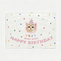 A cream custom cat portrait birthday backdrop tapestry featuring a cute kitten wearing a party hat, with colorful polka dots and the text Happy Birthday Mian Mian 0923.