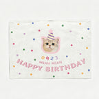 A cream custom cat portrait birthday backdrop tapestry featuring a cute kitten wearing a party hat, with colorful polka dots and the text Happy Birthday Mian Mian 0923.