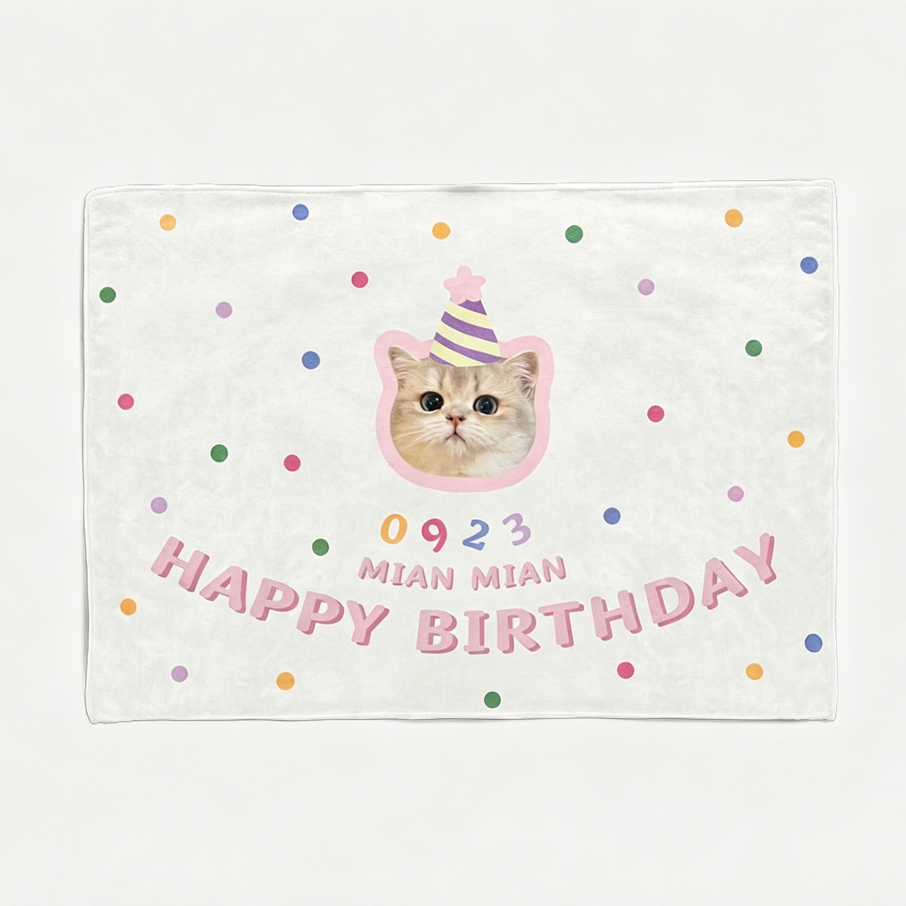 A cream custom cat portrait birthday backdrop tapestry featuring a cute kitten wearing a party hat, with colorful polka dots and the text Happy Birthday Mian Mian 0923.