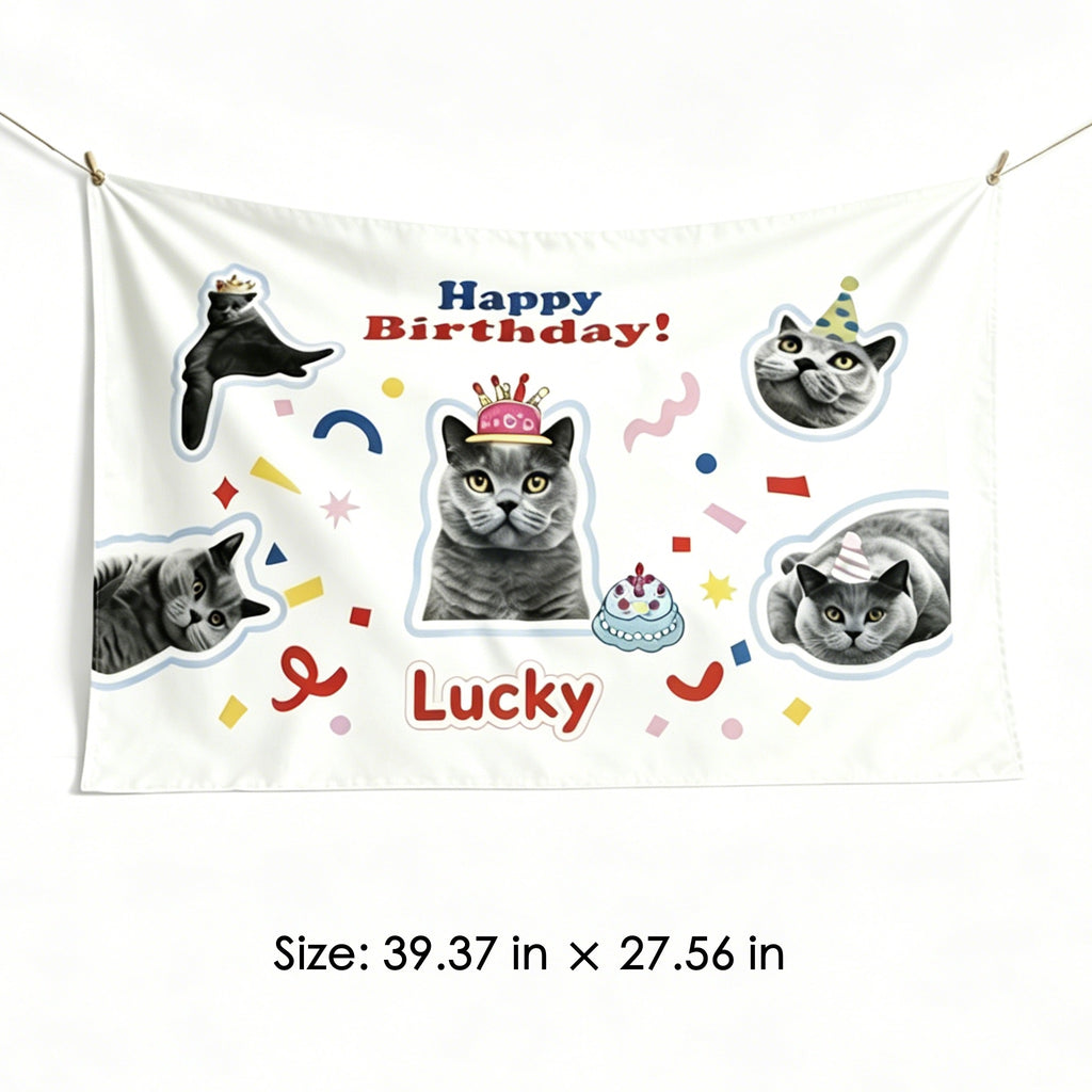 An infographic image displaying size specifications for a personalized pet photo wall tapestry, showcasing a 39.37x27.56 inch custom birthday banner.