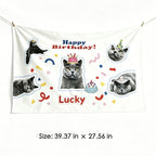 An infographic image displaying size specifications for a personalized pet photo wall tapestry, showcasing a 39.37x27.56 inch custom birthday banner.