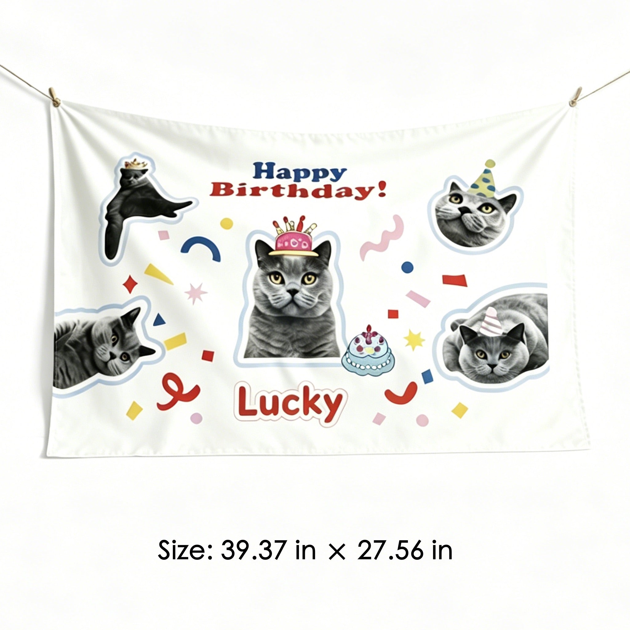An infographic image displaying size specifications for a personalized pet photo wall tapestry, showcasing a 39.37x27.56 inch custom birthday banner.