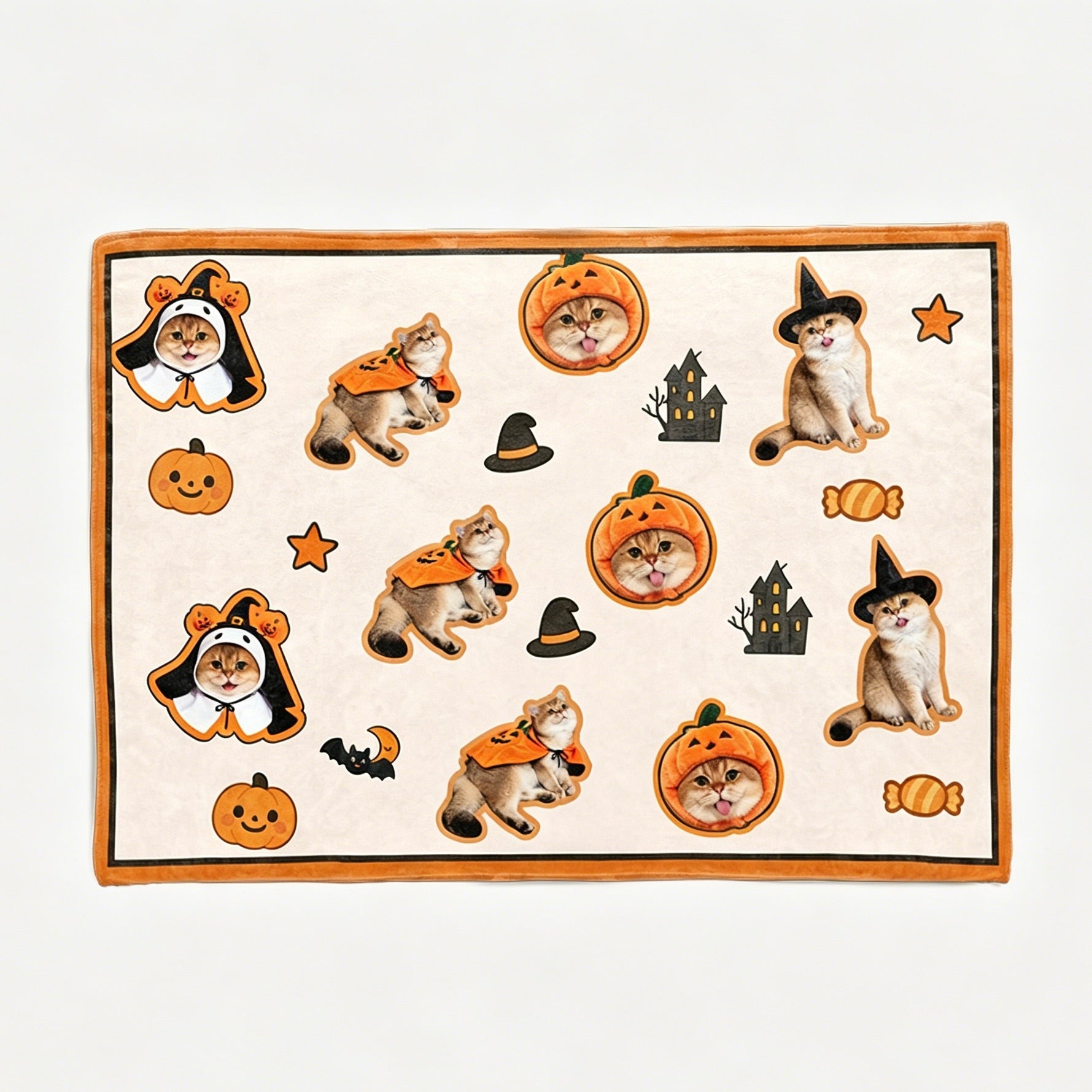 A cream custom cat portrait Halloween tapestry backdrop featuring a repeating pattern of cute cats in ghost outfits, pumpkin hoodies, and witch hats.