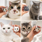 Four-panel collage of cat head portraits held beside tabby-and-white, gray, white and tabby cats