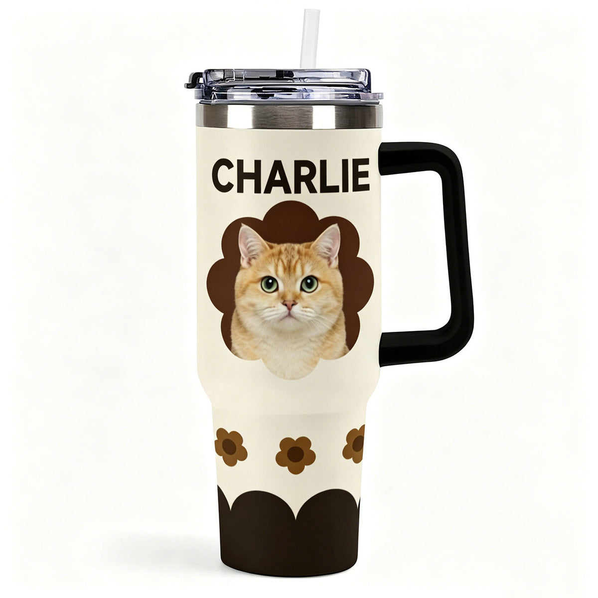 Black handled custom tumbler with an orange cat portrait, the name Charlie and brown flower graphics