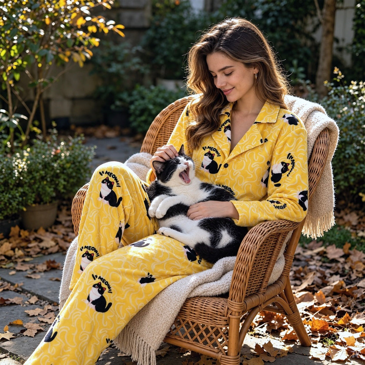 Full view of yellow cat portrait pajamas worn on a wicker chair with a cat resting on the lap