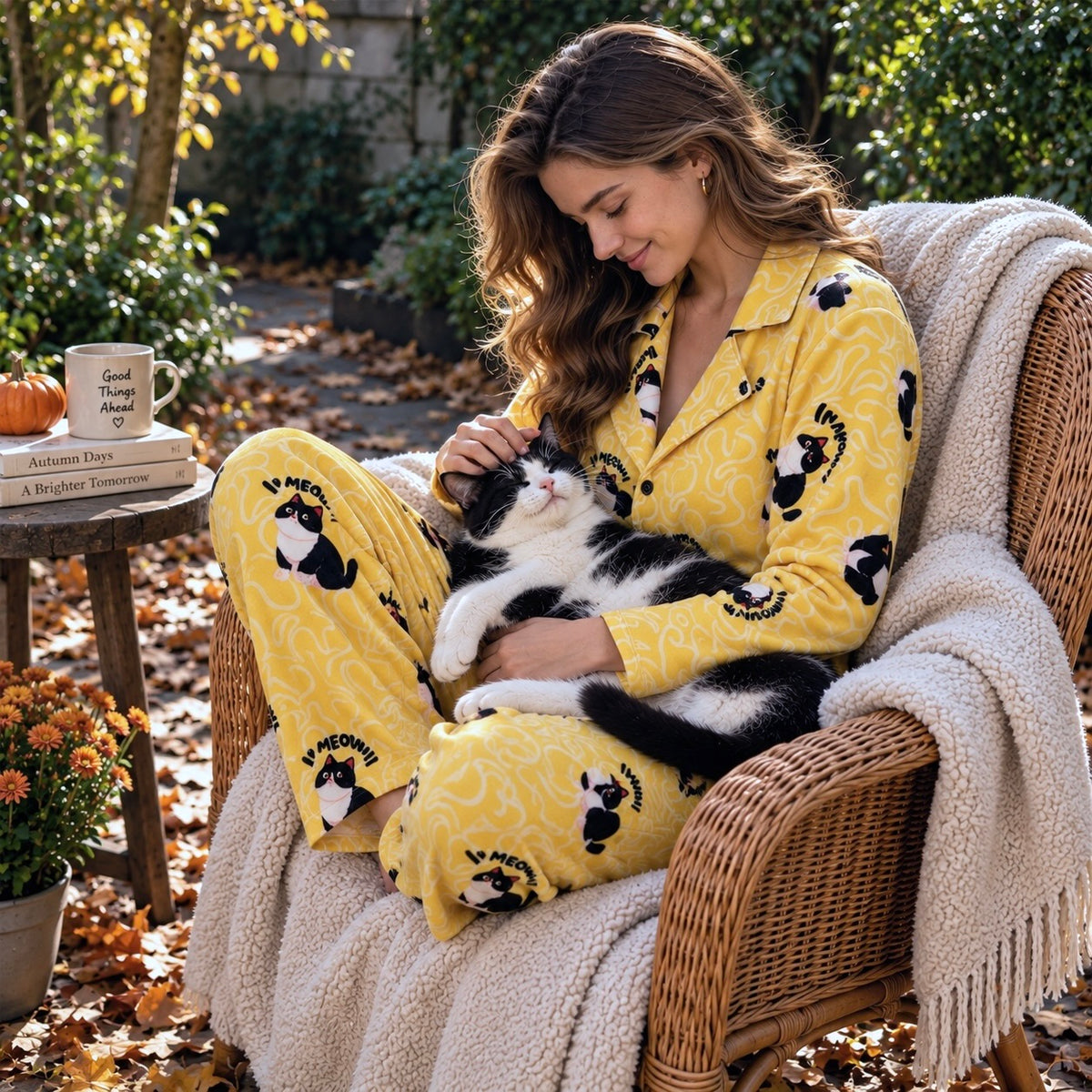 Person wearing yellow cat portrait pajamas and holding a cat on a wicker chair outdoors