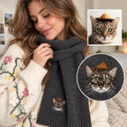 Gray scarf embroidered from a tabby cat photo with the reference image and detailed stitch close-up