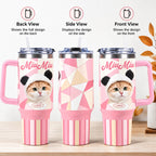 Pink handled custom cat tumbler shown from front, side and back to display the wraparound printed design
