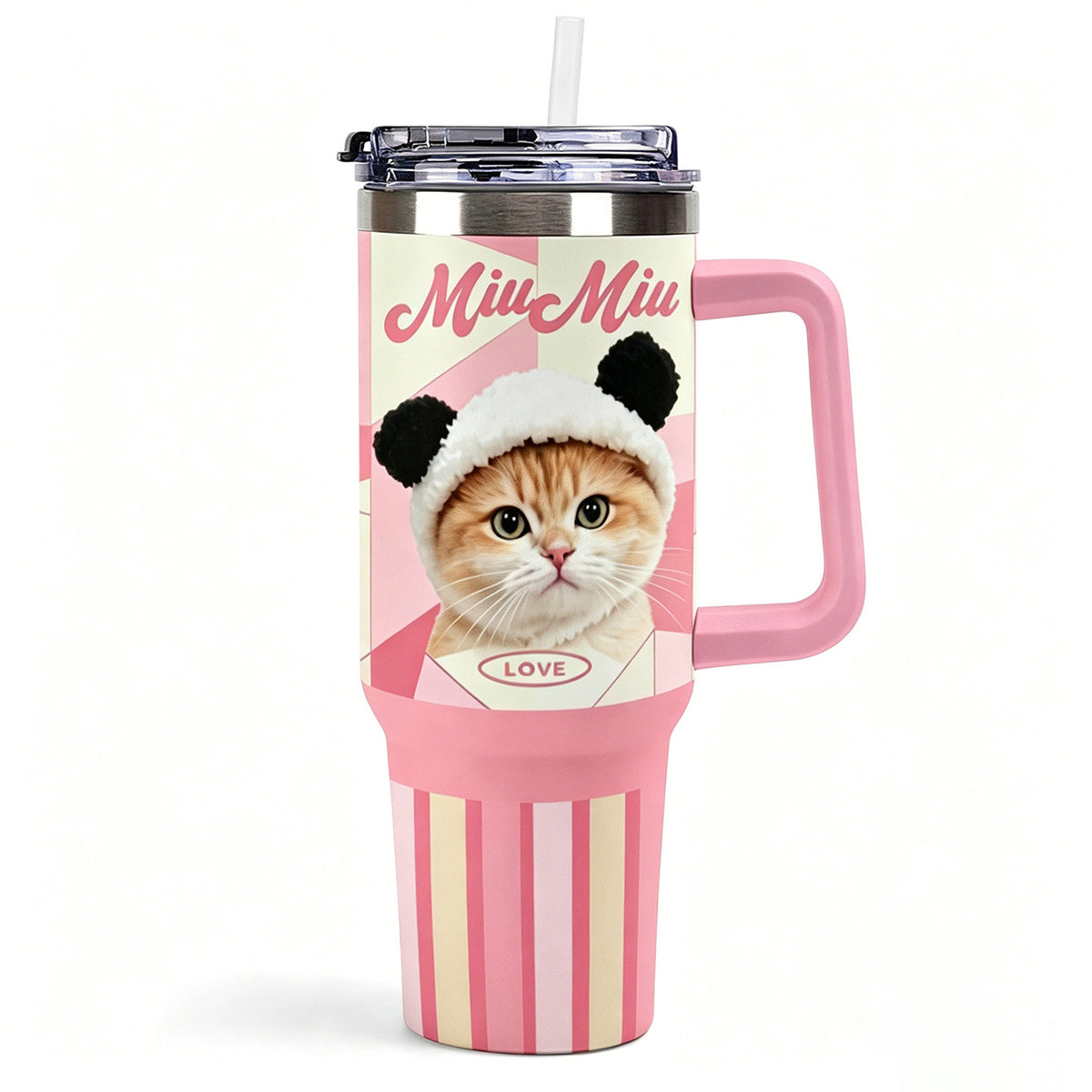 Pink handled custom tumbler printed with an orange cat portrait wearing a panda-ear hat